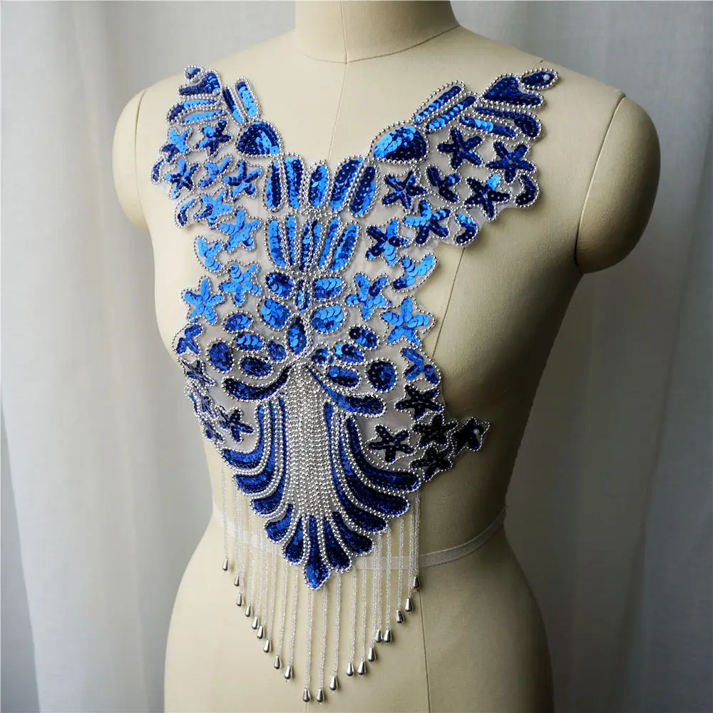 Royal Blue Sequin Lace Fabric Beads Tassel Wedding Gown Appliques Collar Baroque Embroidery Sew Patch For Dress DIY Decoration