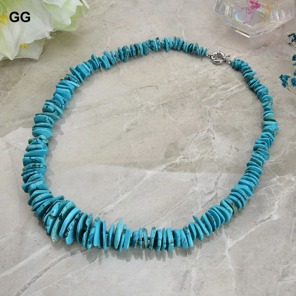 G-G Jewelry 26\'\' Blue Turquoise Gems Stone Necklace 12x23mm Center Drilled Disc Chips