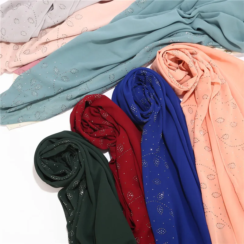 72*175cm summer muslim women chiffon hijab scarf diamonds glitter femme musulman shawls wrap islamic headscarf malaysia hijab