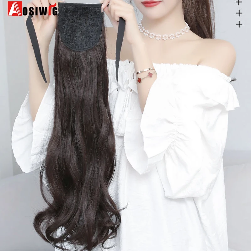 Aosiwig Synthetic Long Ponytail Drawstring Fake False Clip In Hair Extension Natural Curly Wavy Hairpiece Pony Tail Piece Women