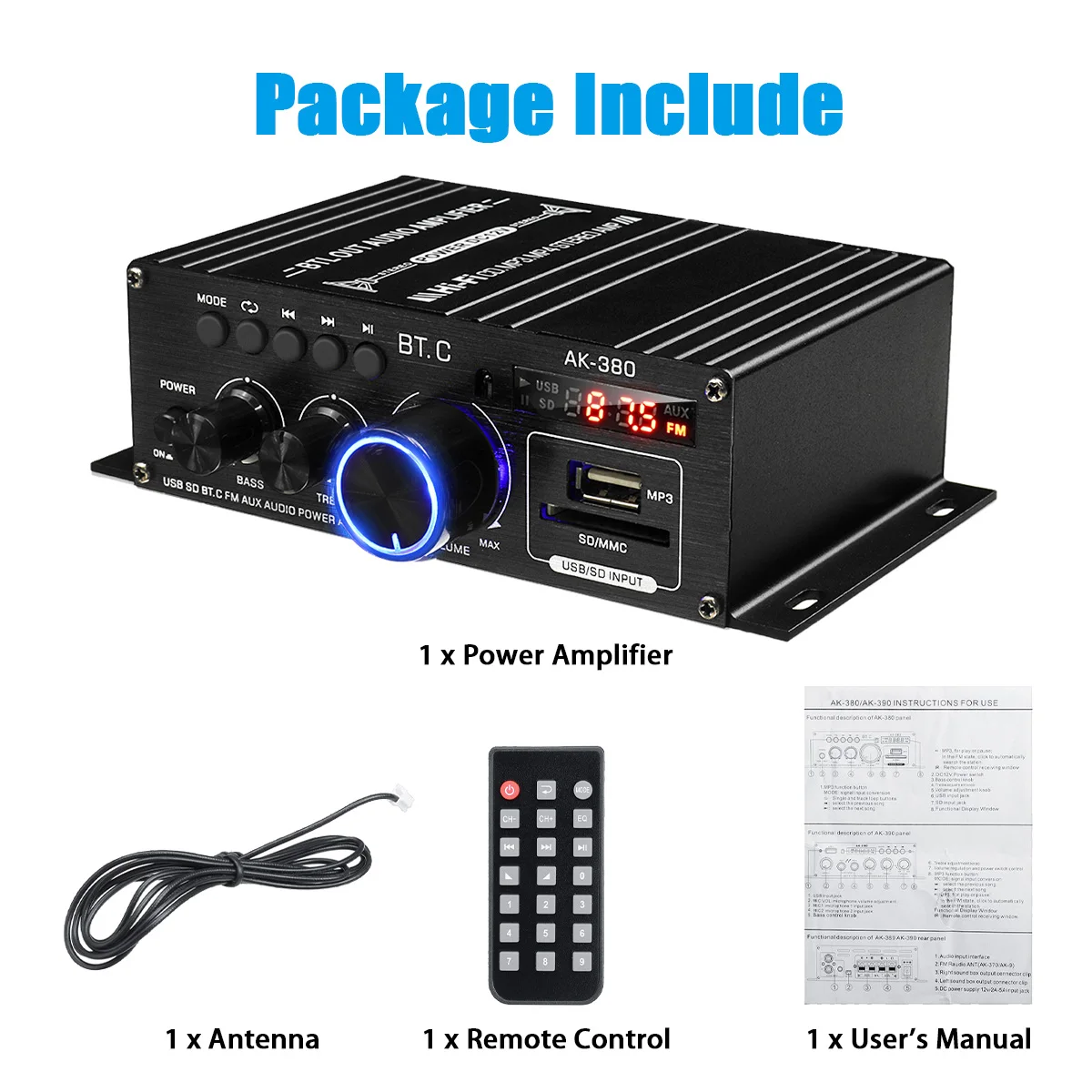 40W*2 Ak380 bluetooth 5.0 HiFi Power Amplifiers Stereo Home Car Audio 12V Digital Sound Amplifier BASS Music Player FM Radio