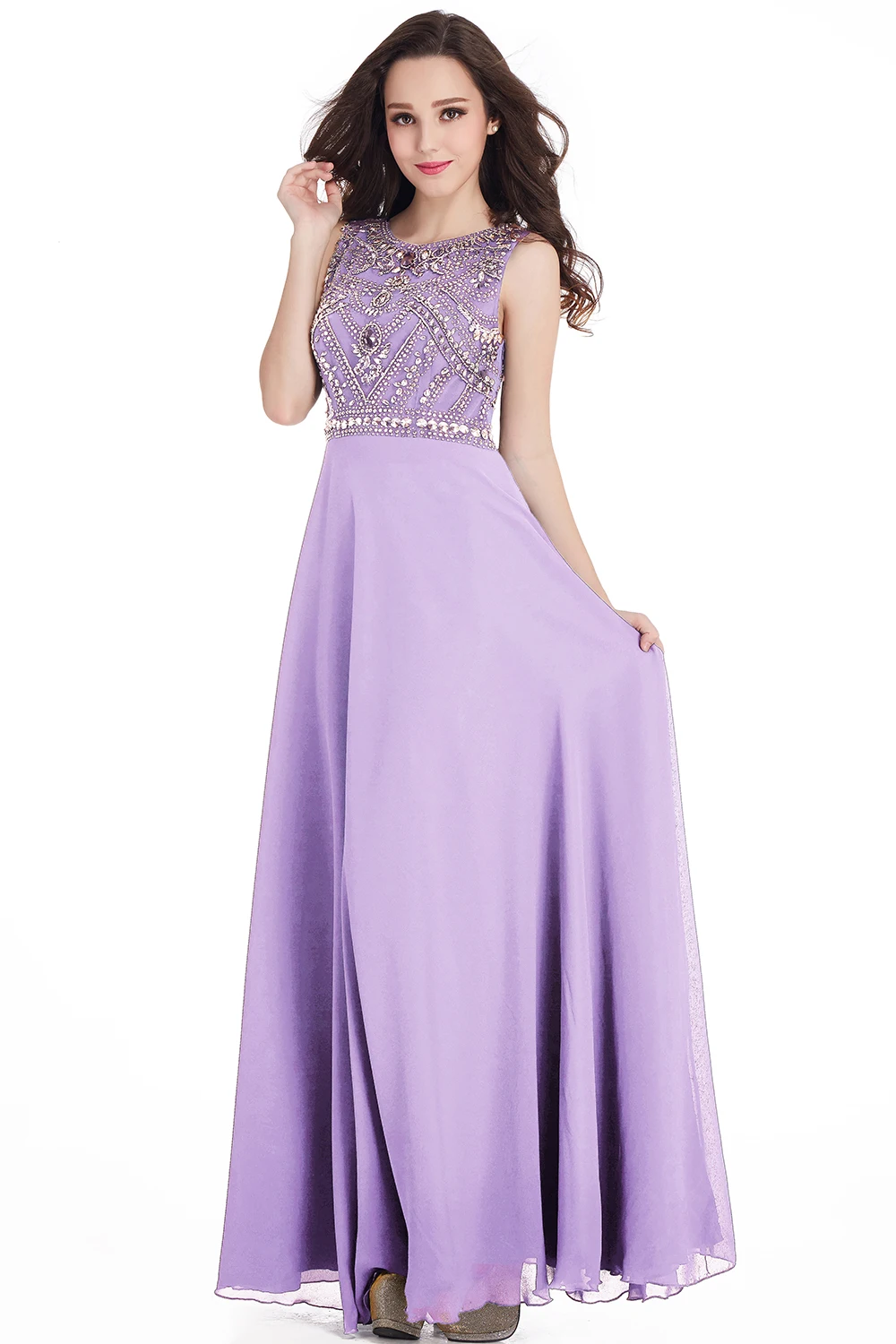 Chiffon Lilac Bridesmaid Dresses for Wedding Party Long A-line Sleeveless Crystals Beaded Elegant Formal Evening Prom Party Gown