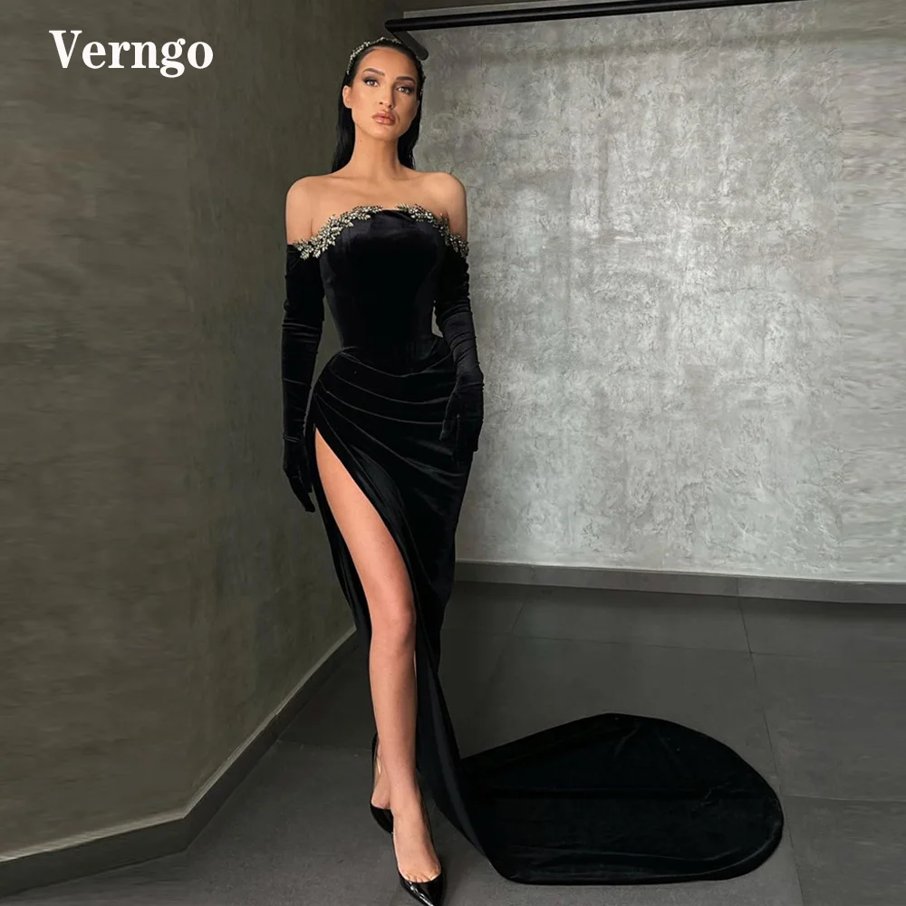 Verngo-Vestidos De Baile De Sereia De Veludo Preto, Manga Comprida, Jóias Fora Do Ombro, Fenda Lateral Alta, Trem De Varredura, Vestidos De Festa À Noite, Moderno