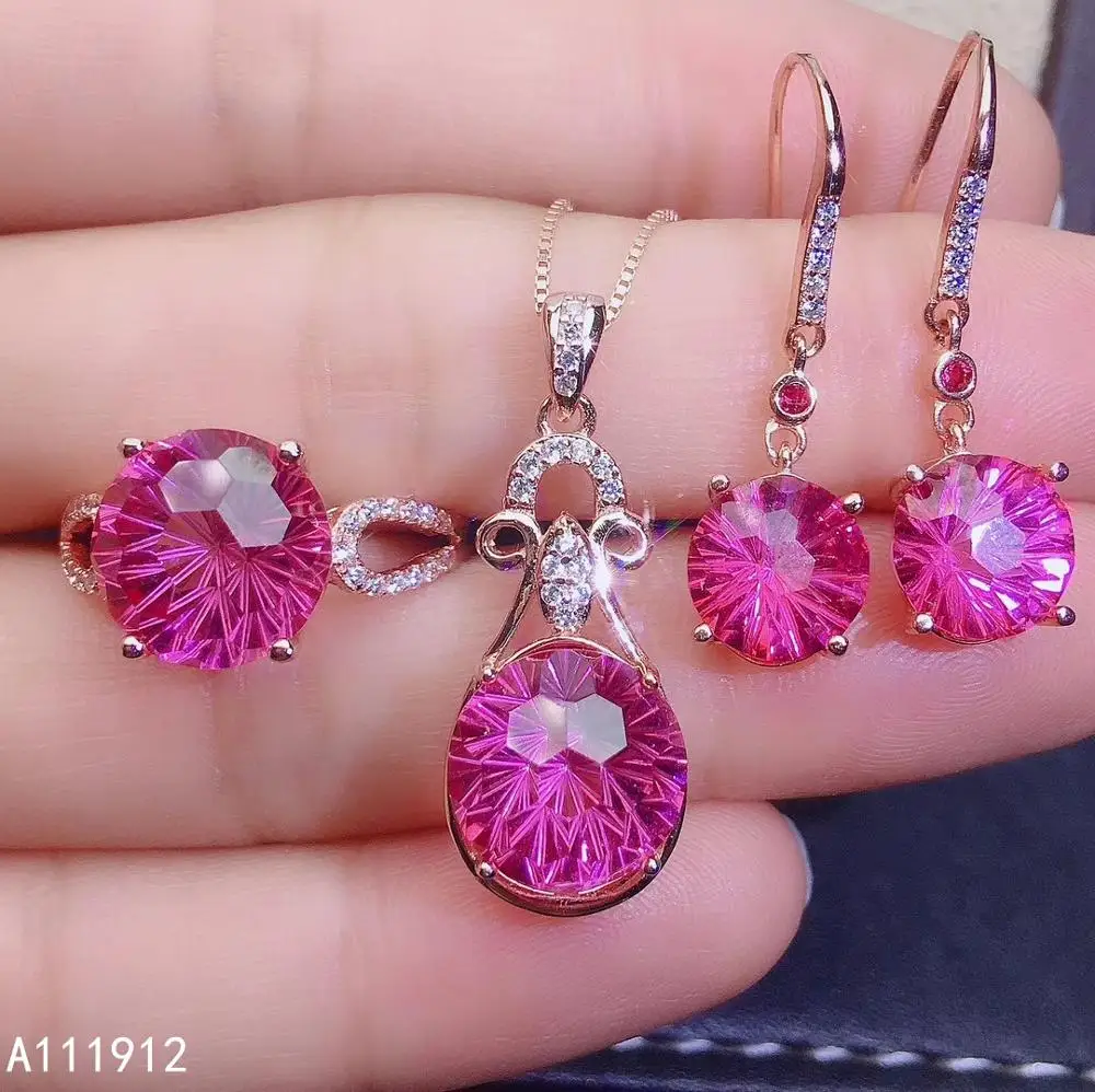 

KJJEAXCMY fine jewelry natural pink topaz 925 sterling silver women pendant necklace earrings ring set support test classic