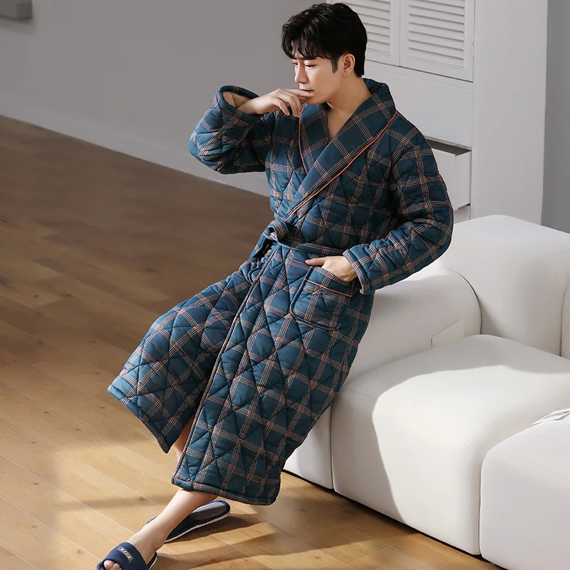 Winter Men\'s Robes Warm Thicken Knited Cotton Pajama Soft Comfortable Simple Plaid Pyjama Breathable Man Bathrobe Homewear