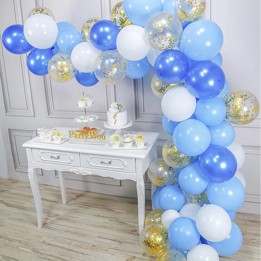 Ballons en arc bleu blanc doré, ensemble de confettis, décoration charmante pour fête d'anniversaire, mariage, fête prénatale, 12 pouces, 70 pièces