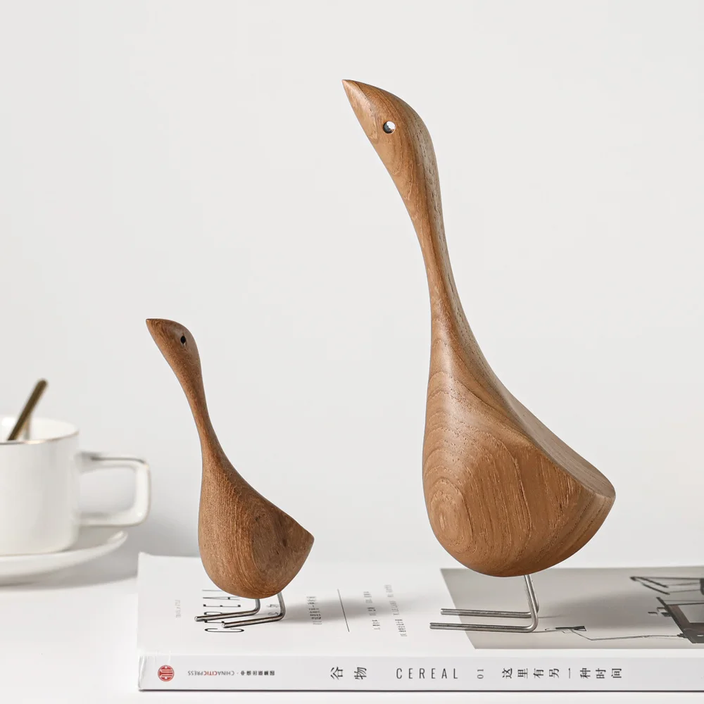 Nordic Wooden Goose Figurines Abstract Teak Wood Sculpture Lovely Couple Figures Nature Animal Ornaments For Home Decoration