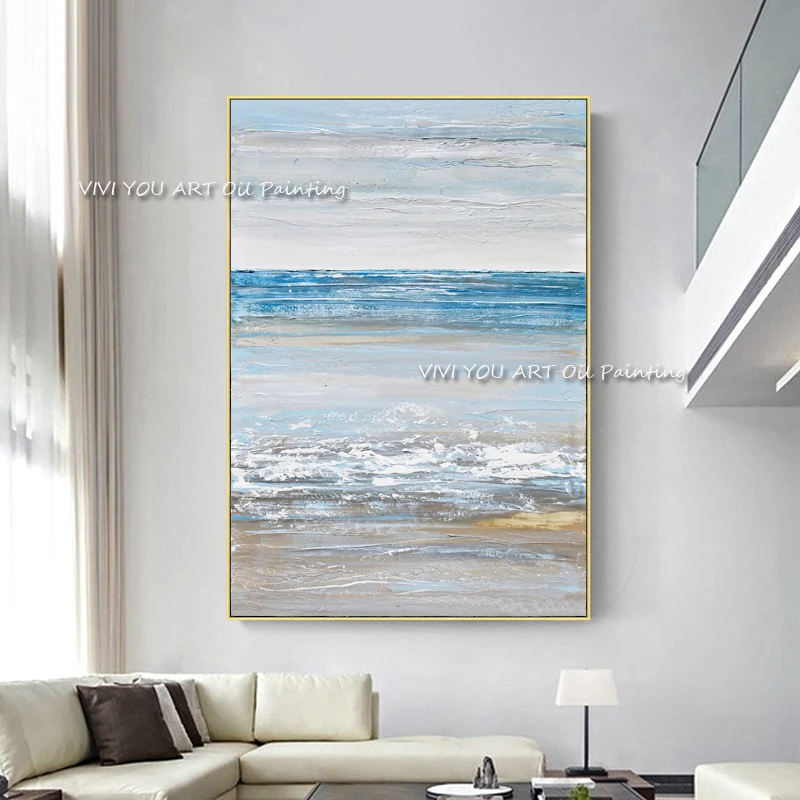 The Best Handpainted Sea View Wall Art Modern Original Shadow Abstract Thick Oil Painting Pretty Water Blue Sky Decor for Office