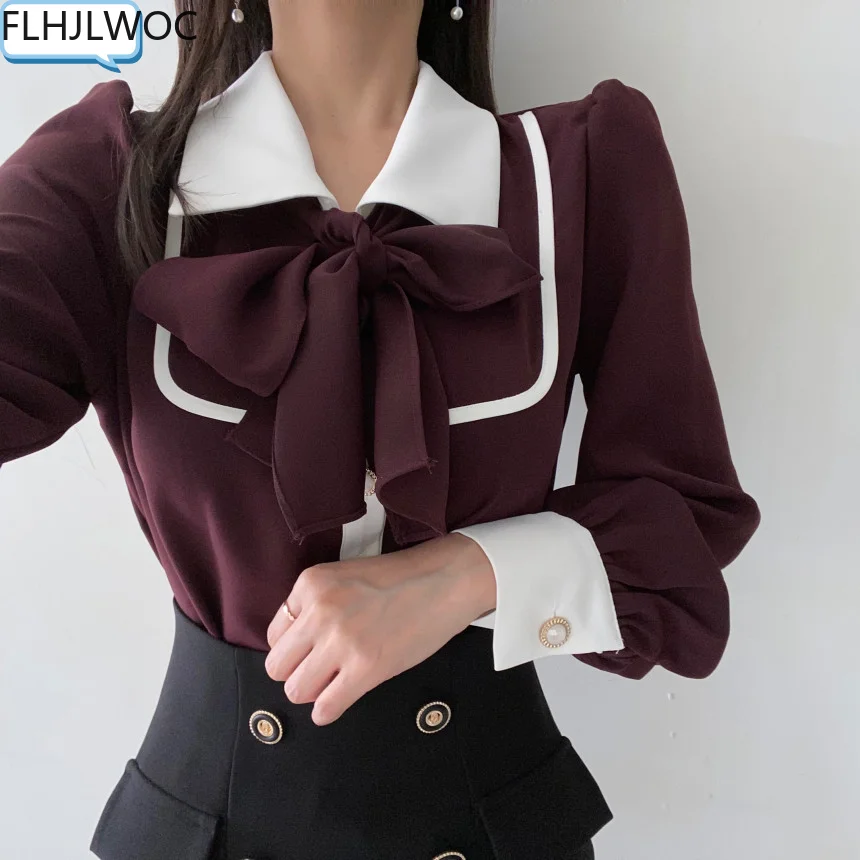 Women\'s Cute Bow Tie Tops Preppy Style Vintage Japan Korea Design Single Breasted Button Elegant Formal Red Black Shirts Blouses