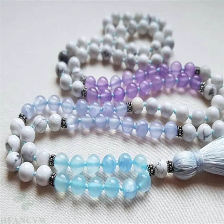 8mm Howlite Amethyst Crystal Gemstone Tassel Necklace 108 Beads chain Buddhism mala spirituality yoga cuff Zazen Chakas Wrist