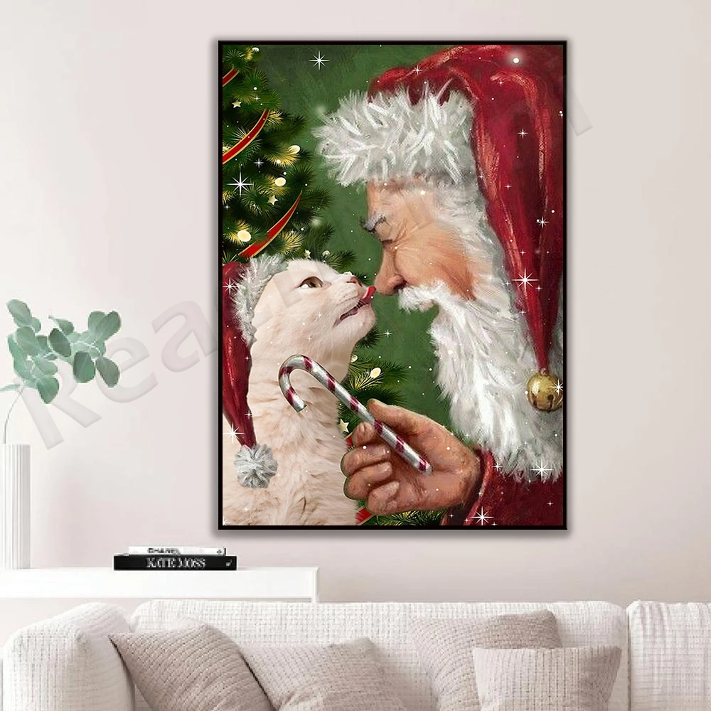 Cat Licking Nose Santa Claus with Candy Poster, Santa Cat Poster, Cat Lover, Christmas Cat Wall Art, Merry Christmas Gift Decora