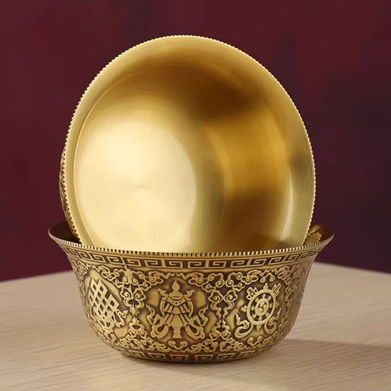 

Mini Gold Brass Buddhist Bowl Auspicious Tibetan Tribute 25ml Engraving Holy Water Cup Meditation Bowl Home's Gift Decorative