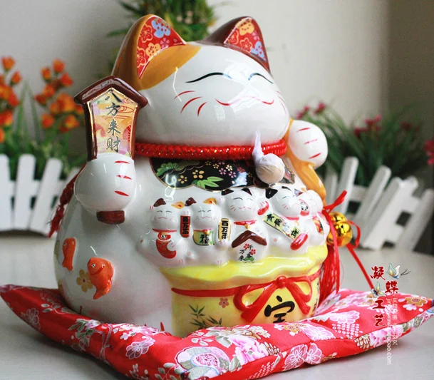 Decoration Arts crafts girl gifts get married  large 28CM eight party property ceramic Lucky Cat ornaments piggy bank bus