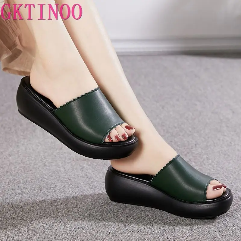 

GKTINOO Women Slipper's 2024 Ladies Summer Slippers Shoes Women Wedges Heels Fashion Summer Genuine Leather Shoes Platform