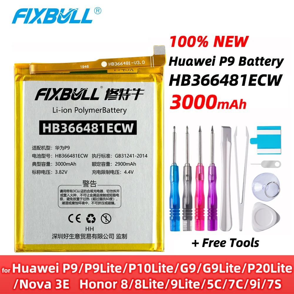 FIXBULL Orginal HB366481ECW Mobile Phone Battery For Huawei P9 G9 P10 P20 Lite Honor 8 5C 7C 7S 9i Honor 8 9 Lite 3000mAh +Tools