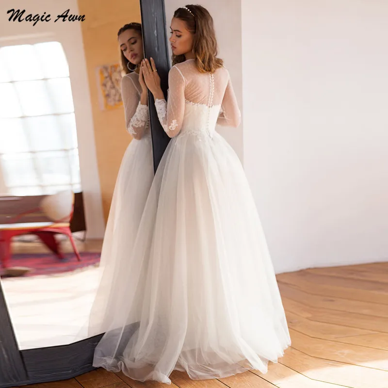 Magic Awn-vestidos De novia bohemios, manga larga, Apliques De encaje, Princesa, línea A, ilusión De boda, 2021