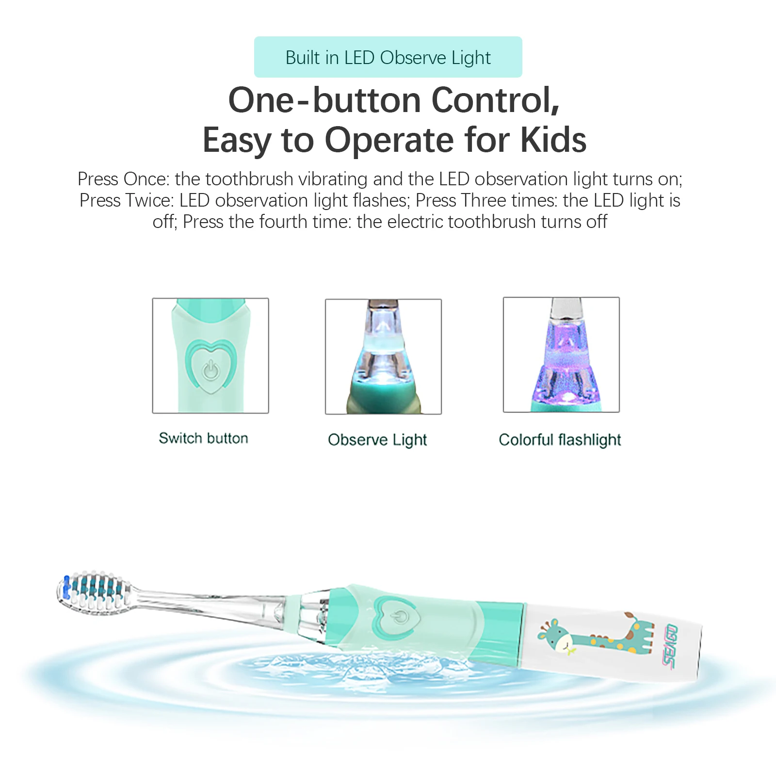 SEAGO Kids Children Electric Toothbrush for 3-12 Years Old Baby Soft Bristle Waterproof LED Light Smart Timer with 3 Brush Heads