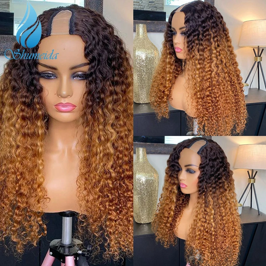 

Shumeida Ombre Blonde Color U Part Wig Brazilian Remy Human Hair Curly U Part Wigs For Black Women