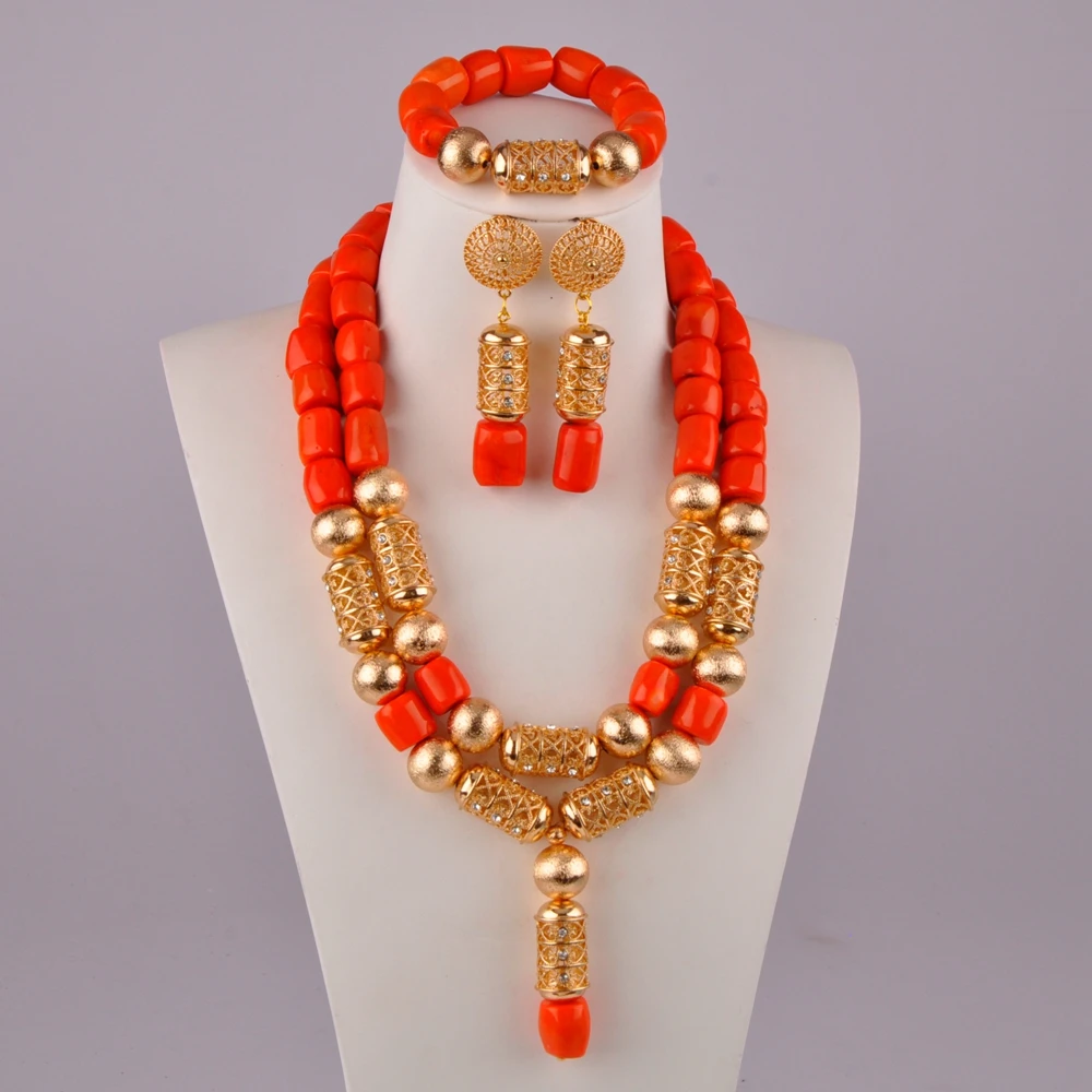 

Nigerian Bride Wedding Jewelry Orange Natural Coral Bead Necklace Set Africa Wedding Banquet Costume Jewelry Set AU-56