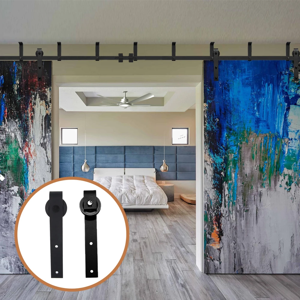 LWZH Ceiling Bracket Mount Sliding Barn Wood Door Hardware Kit 4-20FT I-Shaped Black Rollers for Interior Sliding Barn Door