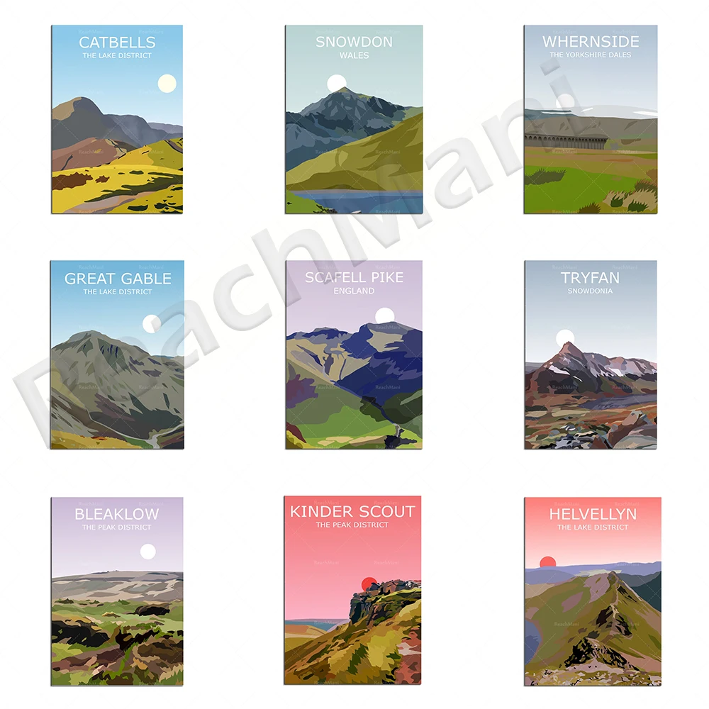 Helvellyn At Sunset, Catbells Cumbria, Blencathra, Keswick, Scafell Pike, Kinder Scout Sunset, Tryfan Welsh wind travel poster