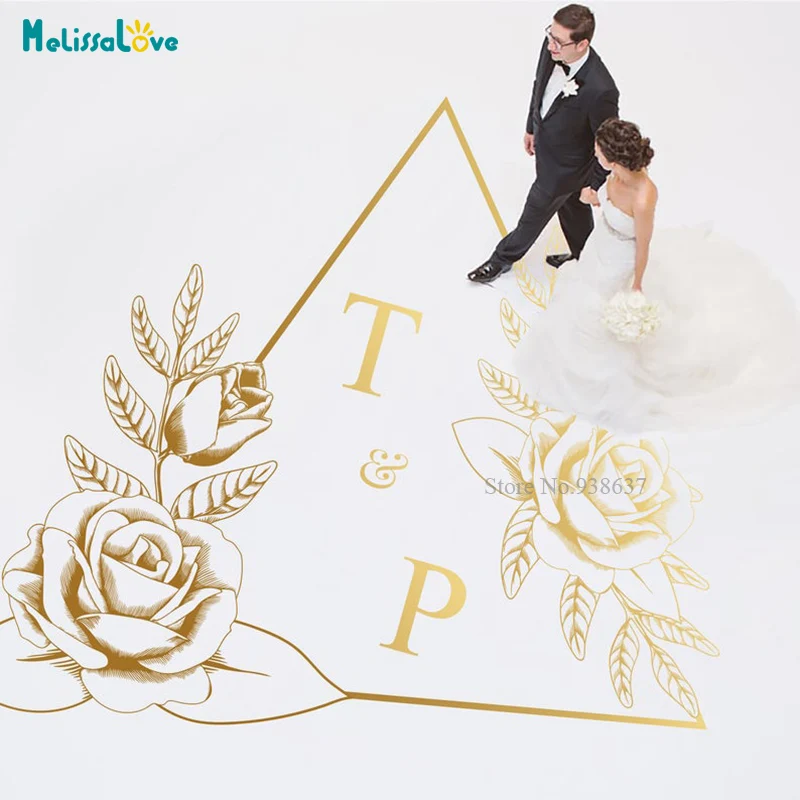 Triangle-angle Flowers Design Ventage Wedding Custom Initial Monogram Party Decor Wallpaper Removable Vinyl Sticker BA882