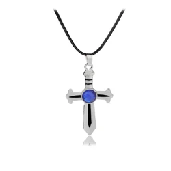 Fashion Blue Anime Crystal Cross Pendant Necklace Fairy Tail Figure Gray Fullbuster Cosplay Jewelry For Men Women Gift