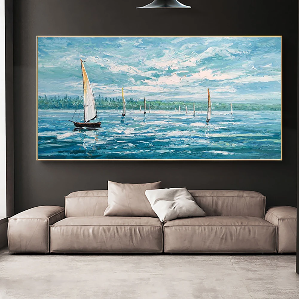 Hand-Painted Sailing Boat Seascape Oil Painting, Blue Mediterranean Landscape Painting, Living Room and Dining Room Decoration