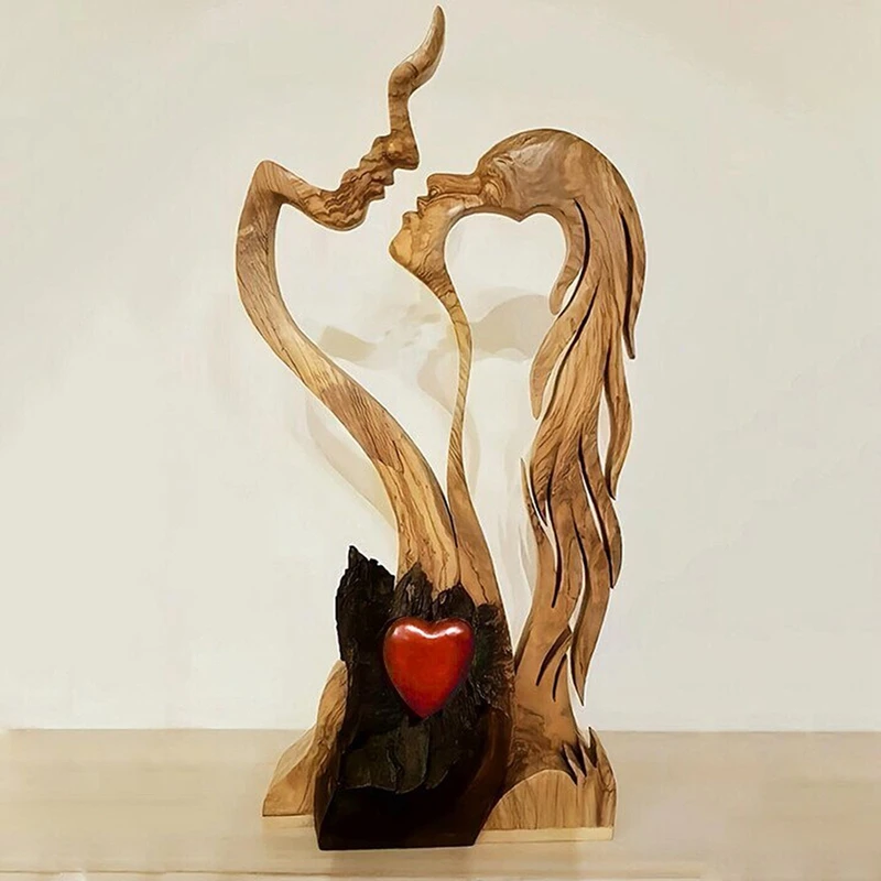 

Love Eternal Wood Ornaments Wooden-Heart Desktop Sculpture Couple Kissing Statue Love Art Ornaments for Home Decorations