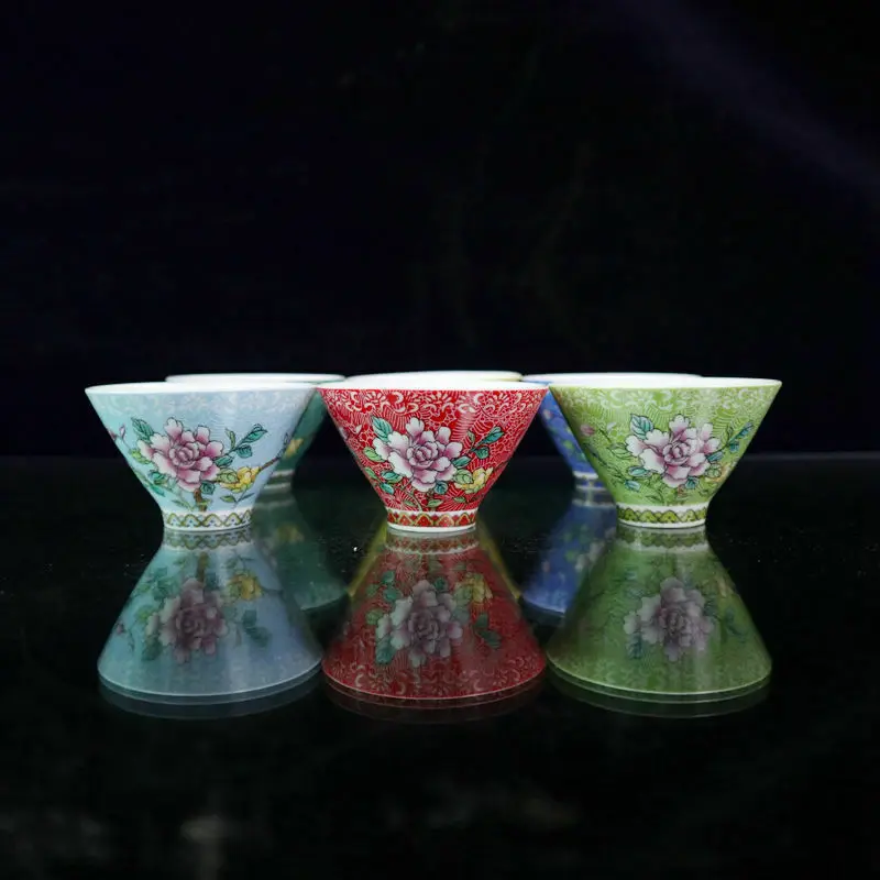 China Old Porcelain A Set Of Pastel Floral Pattern Hat Type Cups 6 Chinese Tea Bowl