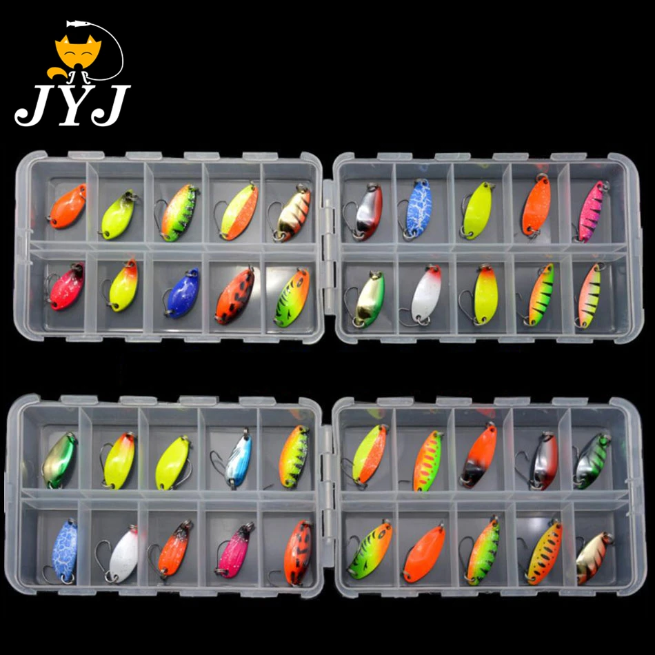 JYJ box package colorful 2.5g 3g 3.4g 4.5g hard metal fishing spoon lure set walleye trout spoon baits spoon jig baits