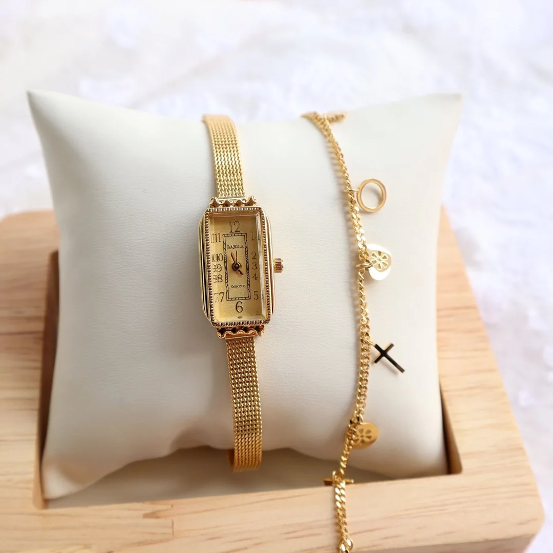 Womens Watch Thin Strap Japanese Movement Wheat Carved Retro Small Gold Watch Fashion Personality Square Head Watch Trendy Watch