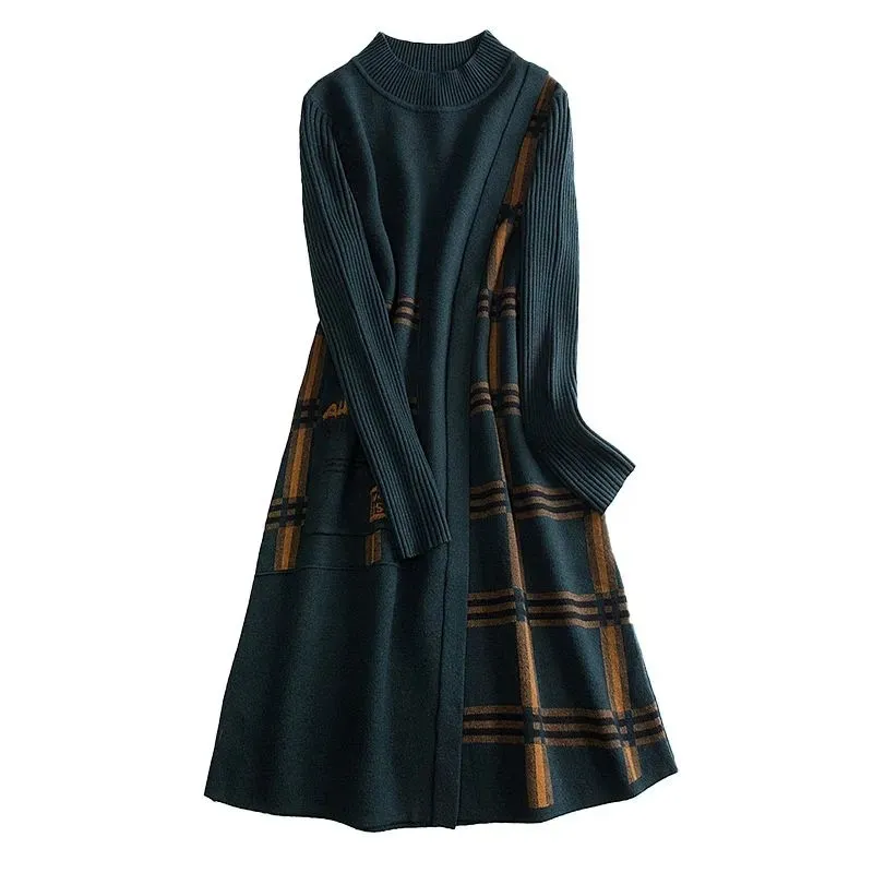 

NEW Slim Knit Dress Mid-length 2021 Autumn Winter Casual Women Sweater Splicing Half High Collar Thick Base Sweater A-line Skirt
