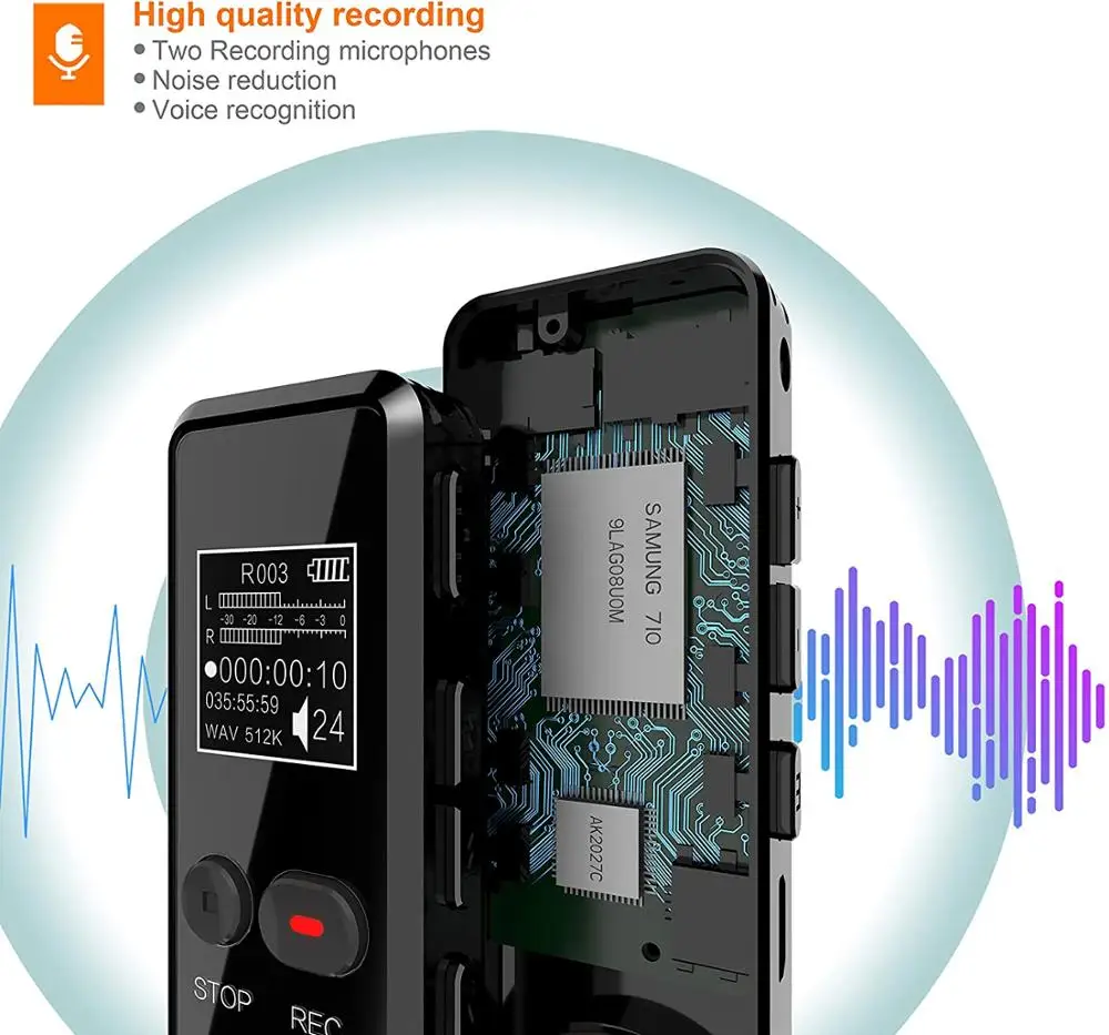 Grabadora de voz Digital 1536kbps, grabación de alta calidad, reducción de sonido, grabación de un toque, reconocimiento de voz, dictáfono MP3 V90