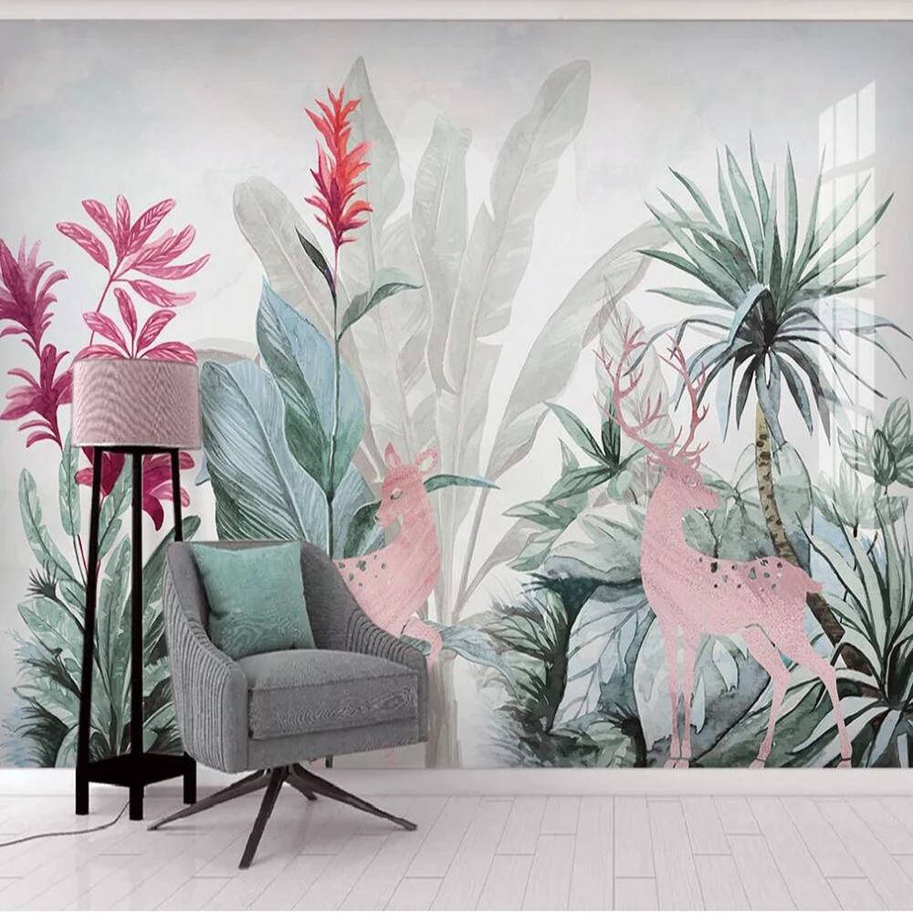 

Custom 3D wallpaper mural Nordic tropical plant banana leaf elk living room background wall decoration painting wallpaper