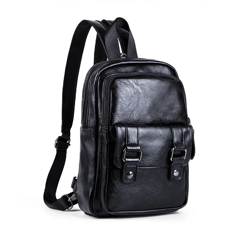 Multifunctional Korean Style Small Leather Backpack New Fashion School Bag Men\'s Trend Casual Simple One Shoulder Chest Bag