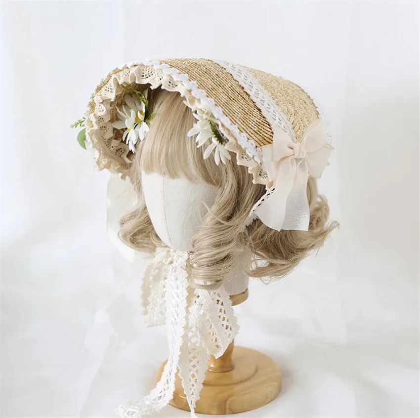 Mori Girl Daisy Flower Lolita Straw Hat  Elegant Tea Party Flat Cap  Lace Bonnet Bnt BB Hat B1763