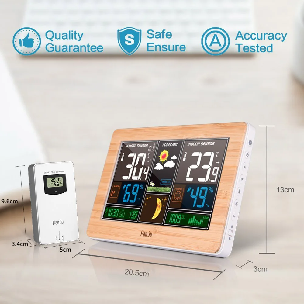FanJu stazione meteorologica termometro digitale grande igrometro barometro strumenti per sensori Wireless esterni per interni orologio da tavolo da
