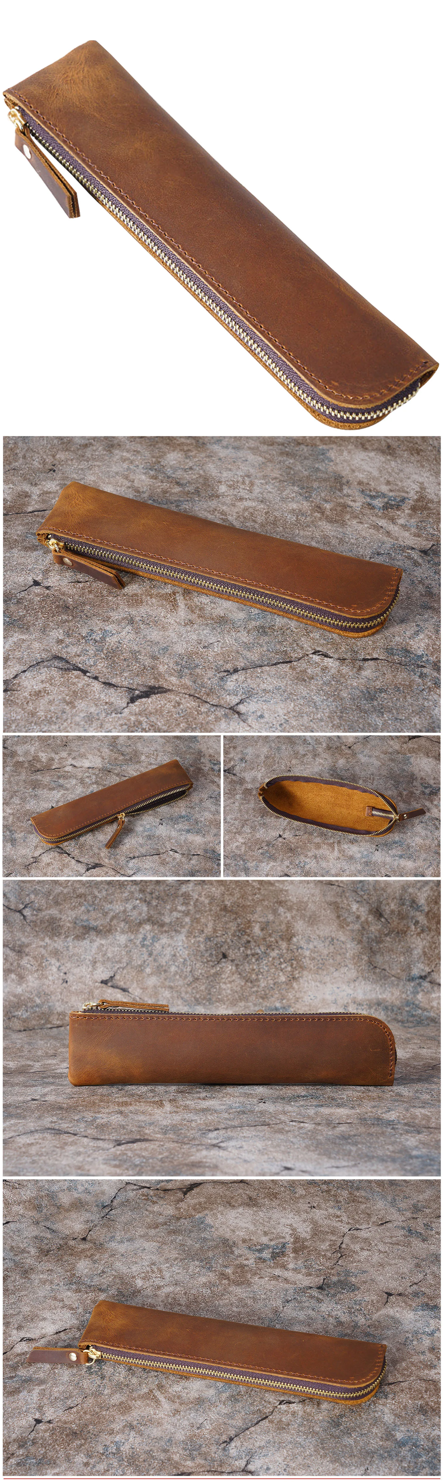 Tragbares Federmäppchen aus echtem Rindsleder, Retro-Leder, Stifttasche, Aufbewahrungstasche für Stifte, Schreibwarenhalter, Schule, Bürobedarf – Detail 1