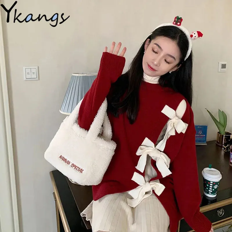 

Christmas Bow Knot Section Hedging Sweater Autumn and Winter New Round Neck Women's Blouse All-match Warm Loose Long-sleeved Top