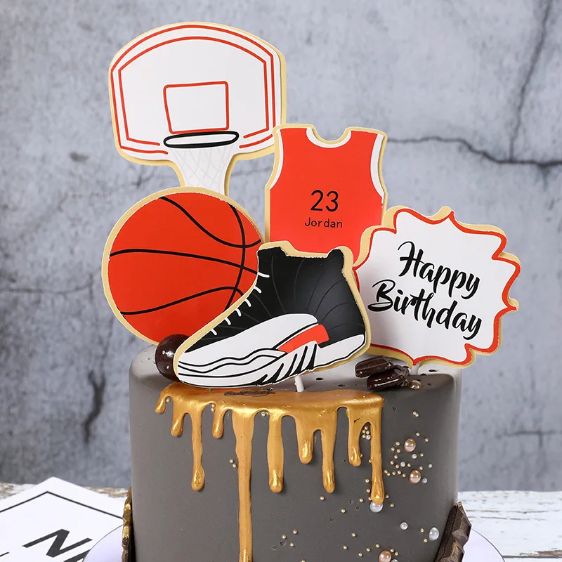 New Boy Happy Birthday Cake Topper Basket Ball Football Theme Sports Cupcake Topper For Kids Birthday Party Cake Decorations