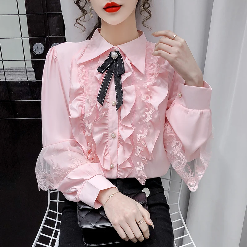 Women Chic Classic Office Beading Lolita Blouse Flounce Frill Long Sleeve Female Casual Top Royal Court Palace Party White Shirt