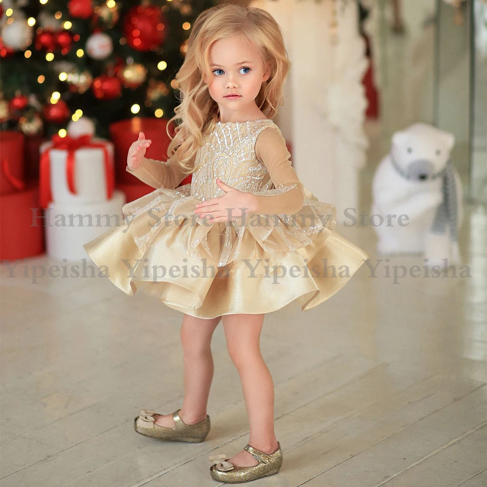 Vestidos de tutú champán para niña, mangas largas, lentejuelas, Puff, vestidos de fiesta de desfile, vestido de flores brillante para niño pequeño