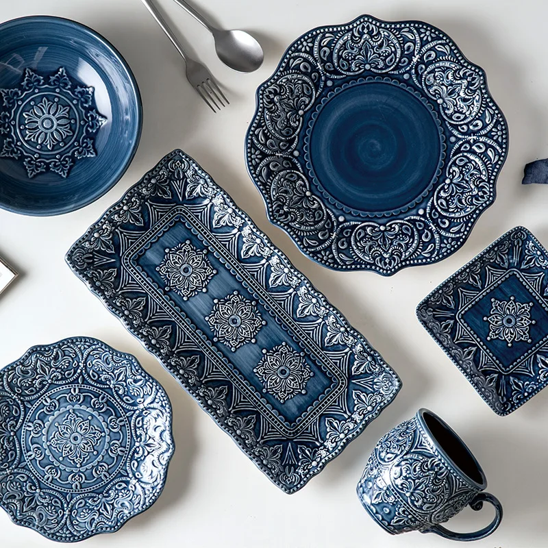 Ceramic Dinner Plate Tableware Retro Blue Relief Steak Dish Food Plates Salad Soup Noodles Rice Bowl Mug Dinnerware