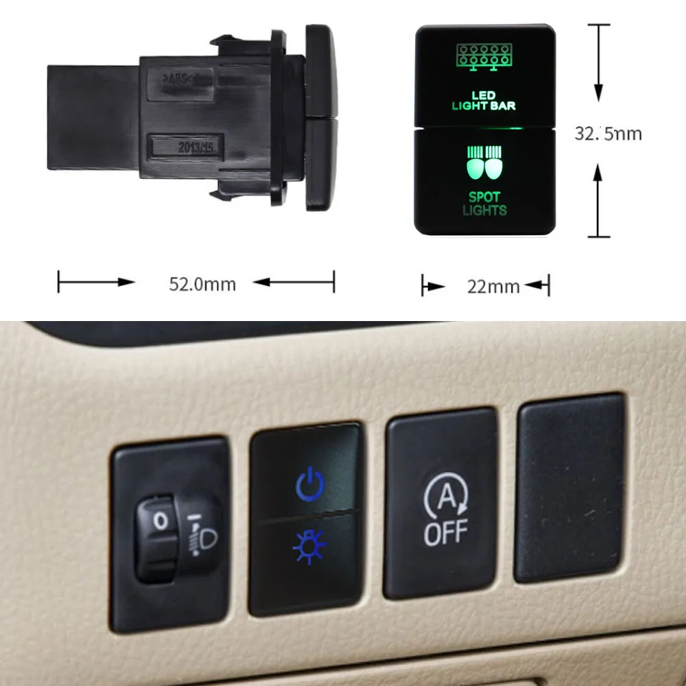 12V Pushbutton Dual Switch ON-Off Blue/Green Backlit with Connector Wire for Toyota Tundra Tacoma 4Runner Prado Landcruiser RAV4