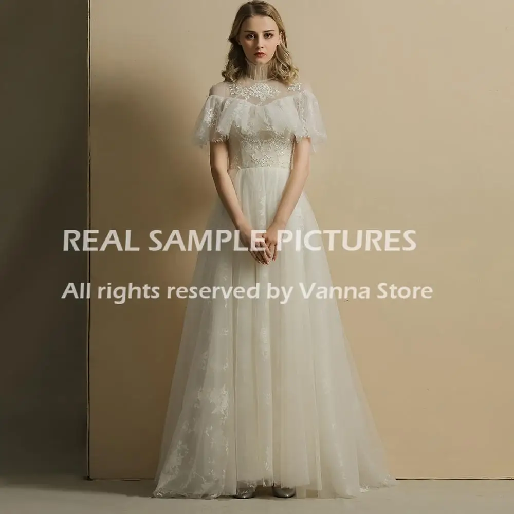 Vintage Tulle Wedding Dress High Neck Victorian Lace Illusion Back Customized Country Garden Real Photos Glamour Bridal Gowns