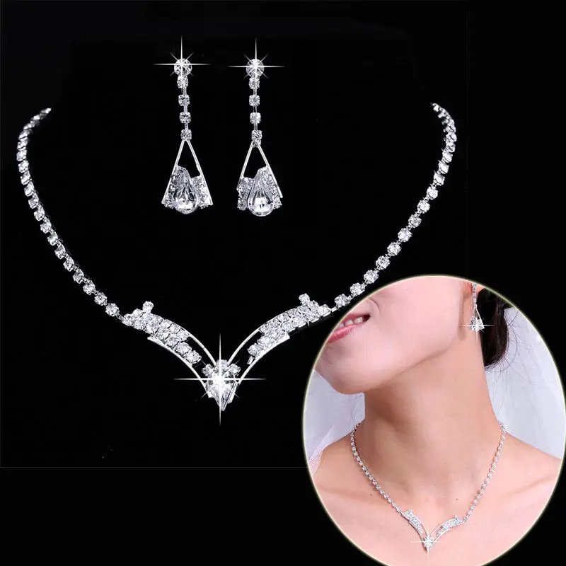 Women\'s Silver Color Fashion Wedding Jewelry Luxury Crystal Pearl Necklace/Bracelet/Ring/Earrings Ladies Jewelry Sets for Bridal