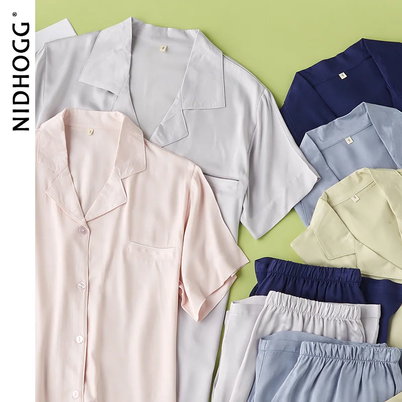 Women\'s And Men Summer Solid Color Short Sleeve Pajama Set Lapel Button Top and Shorts 2-Piece Suit Soft Comfortable Loungewear