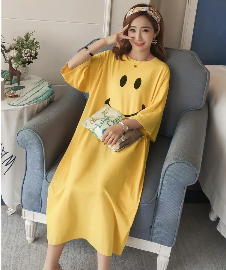 # Mùa Hè 4900 Thời Trang Hàn Quốc Cotton Áo Váy Đầm Nữ Ngắn Tay Áo Đầm Ngủ Hoạt Hình In Hình Ngộ Nghĩnh Rời Cổ Tròn