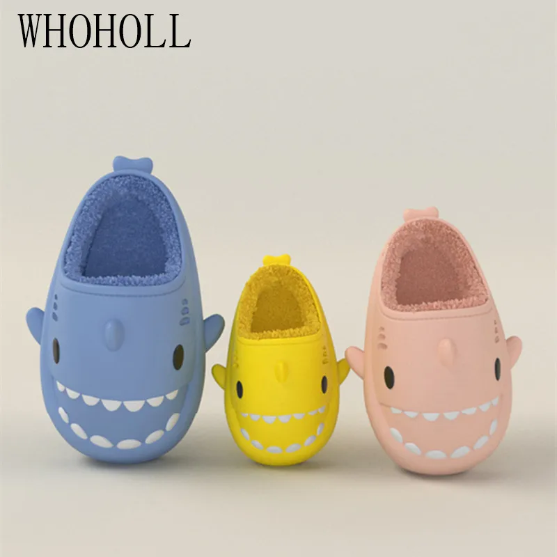 Kids Parents Slippers Winter Children‘s’ Cartoon Shark Home Slippers Women's Man Indoor Waterproof Thick Bottom Plush Slipper